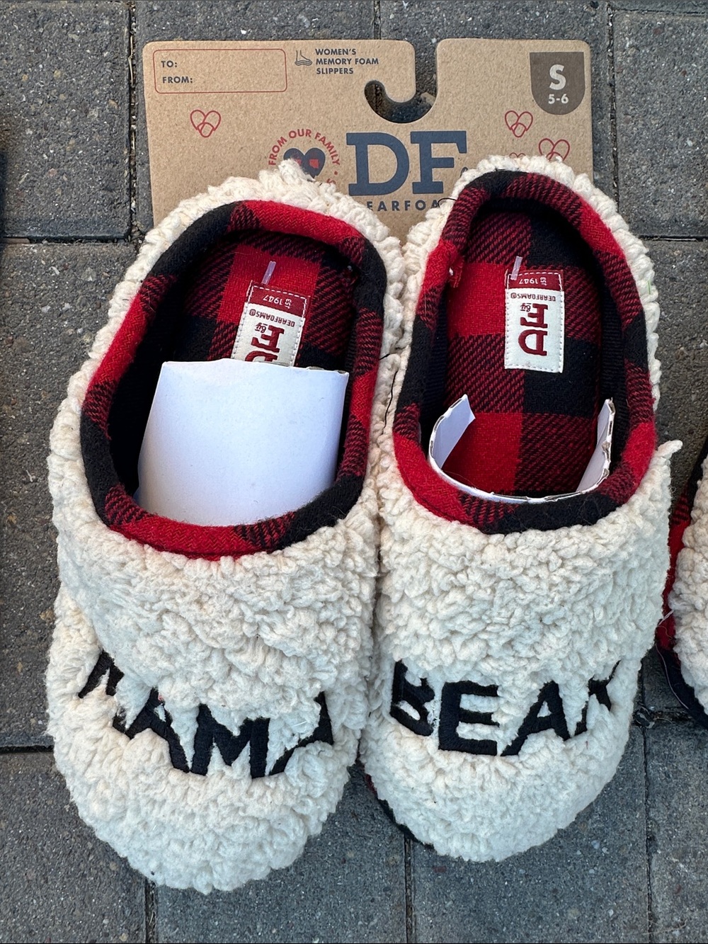 dearfoams Women's Cream Sherpa Slippers with Red Black Plaid Lining